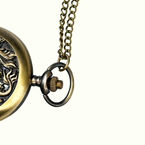 Unique Brass Pocket Watch Intricate Phoenix & Dragon Design NWOT Fantasy Boho Go - Picture 5 of 7